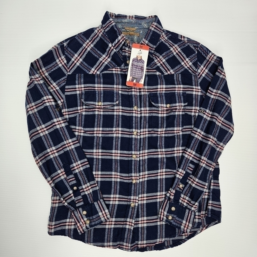 Jachs Girlfriend Shirt Medium Flannel Snap Front Long Sleeve Blue Plaid BEA NWT